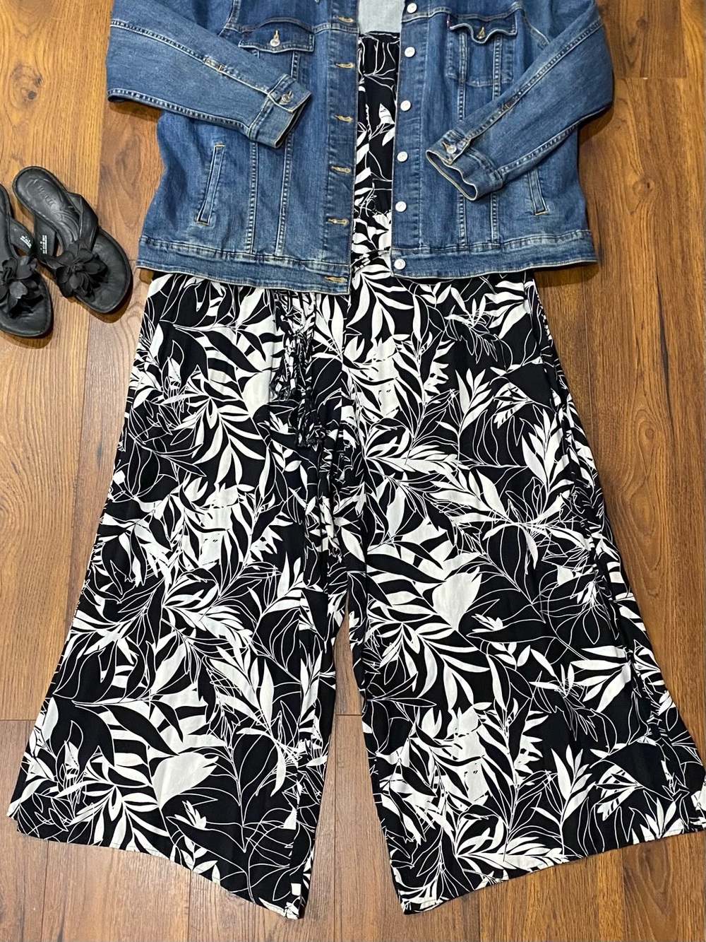 Vintage J.B.S. Strapless Wide Leg Tropical Leaves Print Black/White Jumpsuit 3X - Picture 2 of 12